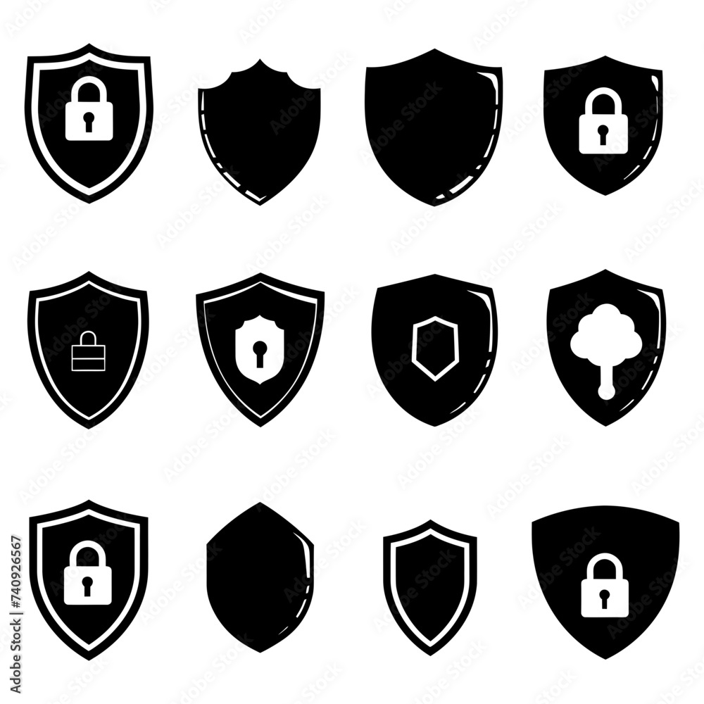 Silhouette security shield icons isolated black color only full body Silhouette security shield icons isolated black color only full body