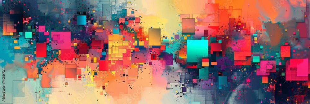 Digital Abstract Geometric Collage with Vibrant Color Splatter and Textured Cubism Design