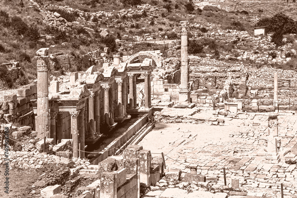 Ruins of ancient city Sagalassos. Roman nymphaeum of emperor Antoninus Pius at Upper Agora. Top view, monochrome, sepia. Aglasun, Burdur, Turkey