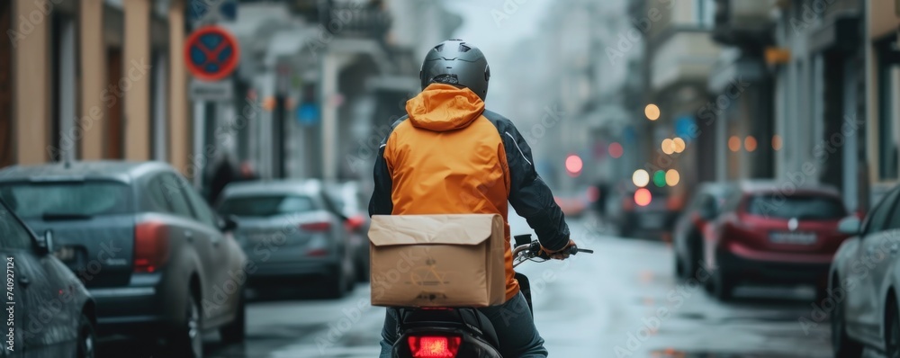 food delivery man with backpack drive in city