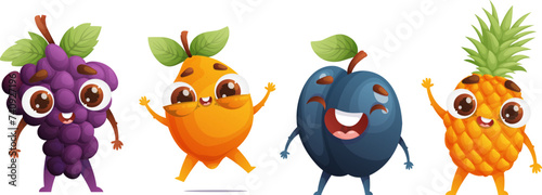 Set of four cute fruit characters. Little happy grapes, lemon, plum and pineapple. Dynamic poses, colorful detailed vector.