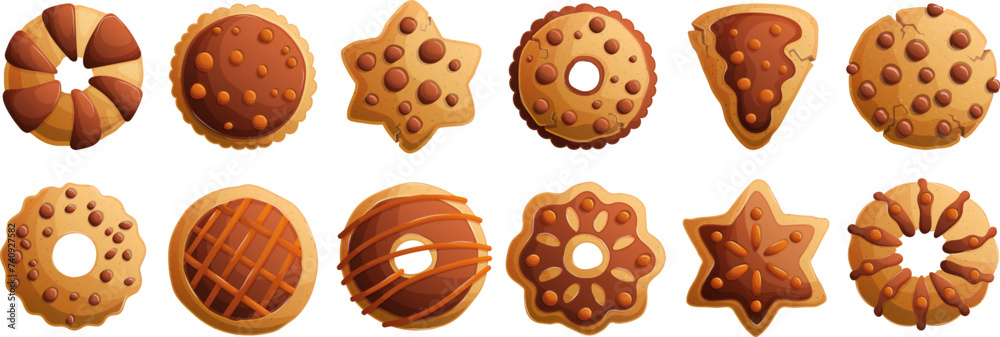A large set of traditional chocolate cookies in different shapes. Shortbread cookies with chocolate chips. Detailed vector. A large set of traditional chocolate cookies in different shapes. Shortbread cookies with chocolate chips. Detailed vector.