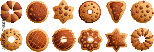 A large set of traditional chocolate cookies in different shapes. Shortbread cookies with chocolate chips. Detailed vector.