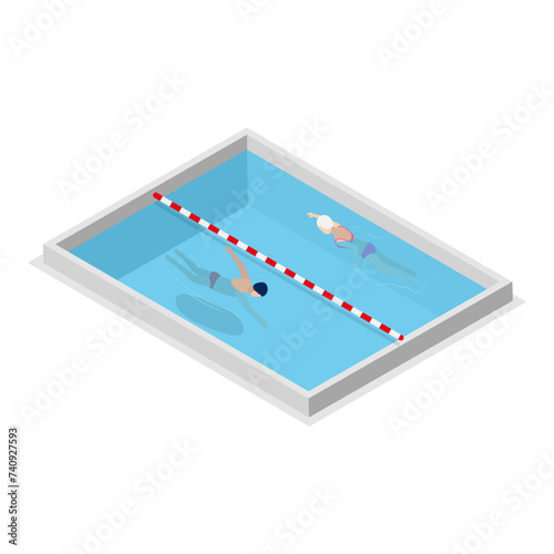 3D Isometric Flat Vector Set of Pool Swimmers, Water Activities. Item 3