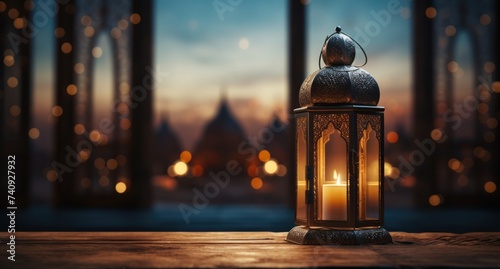 a lantern with a candle sitting on a table set in front of a window