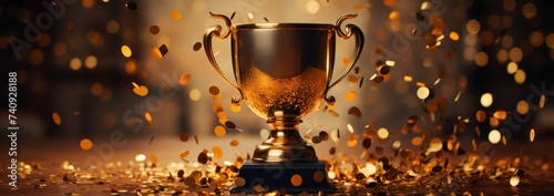 a golden cup on a wooden table, decorated with confetti