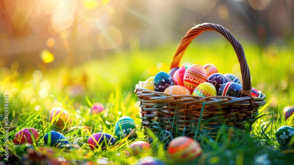 A basket of colored Easter eggs sits on the grass, basking in the sun's warm glow