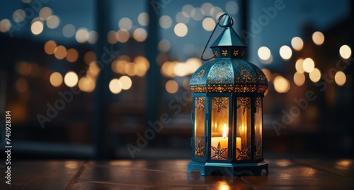 a lantern with a candle sitting on a table set in front of a window
