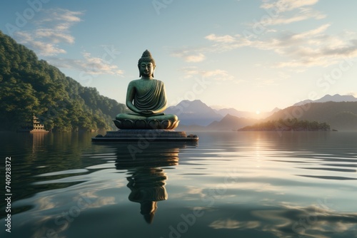 a gold buddha meditates by a lake