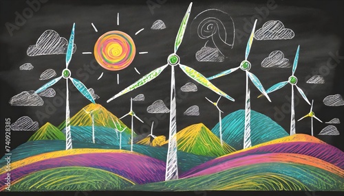 Wind turbines painted on a chalkboard. Concept of renewable energy. photo