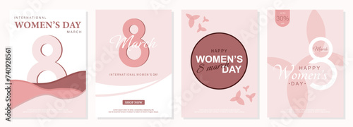  Set posters or banners with Women's day. 8 March. Special offer discount. Background for 8 march. Happy Women's day header or voucher template.