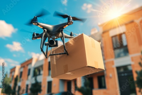 Smart package Drone Delivery parcel delivery vehicle. Box shipping last mile delivery parcel robo taxis transportation. Logistic tech smart metering mobility drone delivery system photo