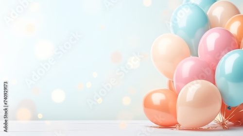 free photos Colorful balloons and falling foil confetti on white background for writing space - Generative AI