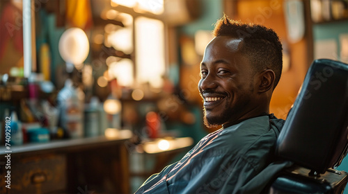 Joyful African man enjoying a new hairstyle in a barbershop.