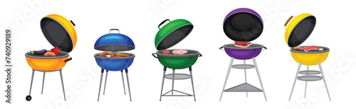 Barbecue Grill with Food Cooking on It Vector Set