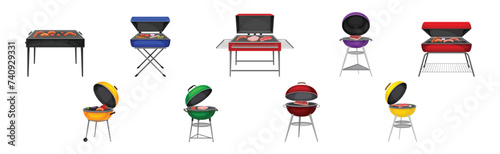 Barbecue Grill with Food Cooking on It Vector Set