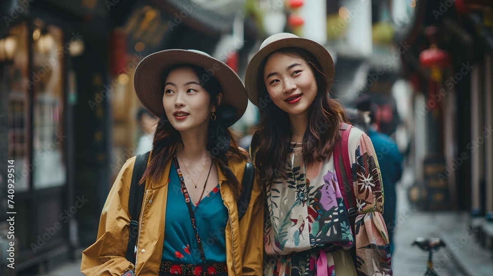 Trendy young women exploring city streets, casual fashion, friendship goals. capturing smiles and style in urban exploration. AI