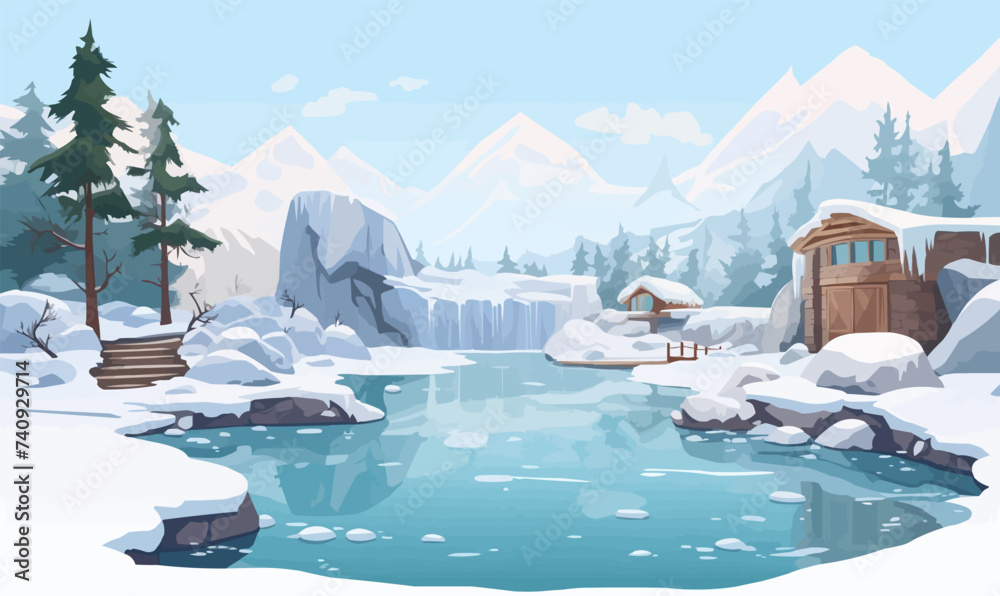 Thermal Hot Springs in Winter vector flat isolated vector style illustration