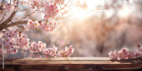 Old wood table with pink Sakura flowers blooming blossom blurred background © peerasin