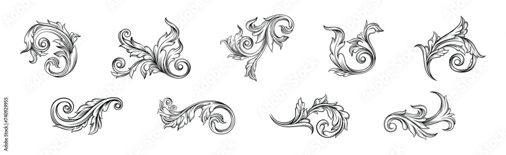 Baroque Scroll as Element of Ornament and Graphic Design with Spirals Vector Set Baroque Scroll as Element of Ornament and Graphic Design with Spirals Vector Set