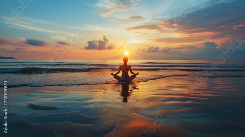 A tranquil yoga session on a beach at sunrise  calm sea in the background. Resplendent.