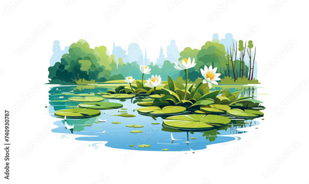 A serene lake with lily pads vector simple 3d isolated illustration - obrazy, fototapety, plakaty 