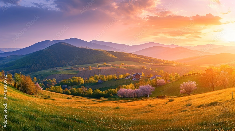 Panorama grassy field and rolling hills at sunset in evening light. Rural scenery