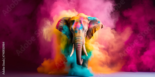 elephant in holi colors against bright colors background, multicolored explosions of holi colors, holi festival