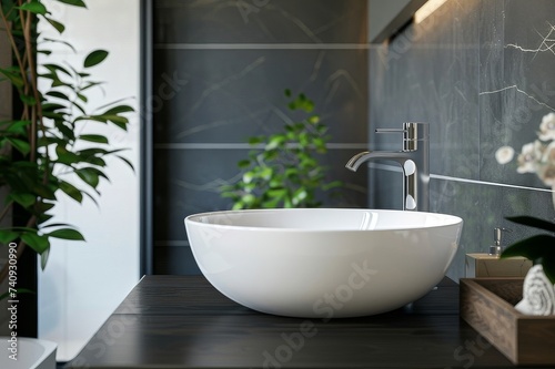 Modern Bathroom Interior with Round Sink  Dark Tiles  Green Plants  Stylish Lighting