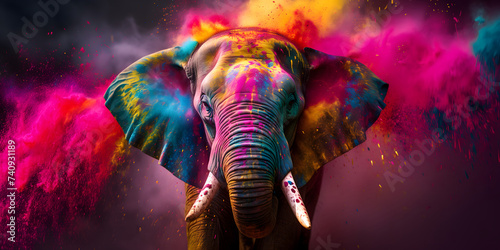 elephant in holi colors against bright colors background, multicolored explosions of holi colors, holi festival photo
