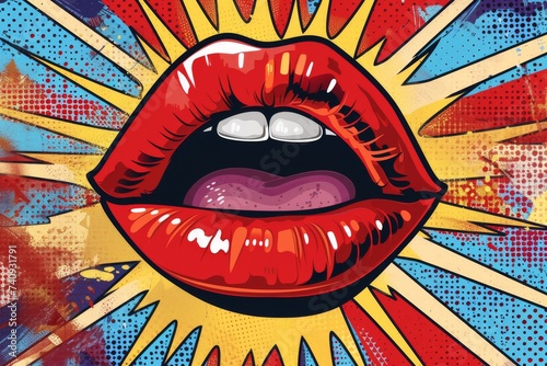 Retro pop art of red lips, comic style on a colorful background