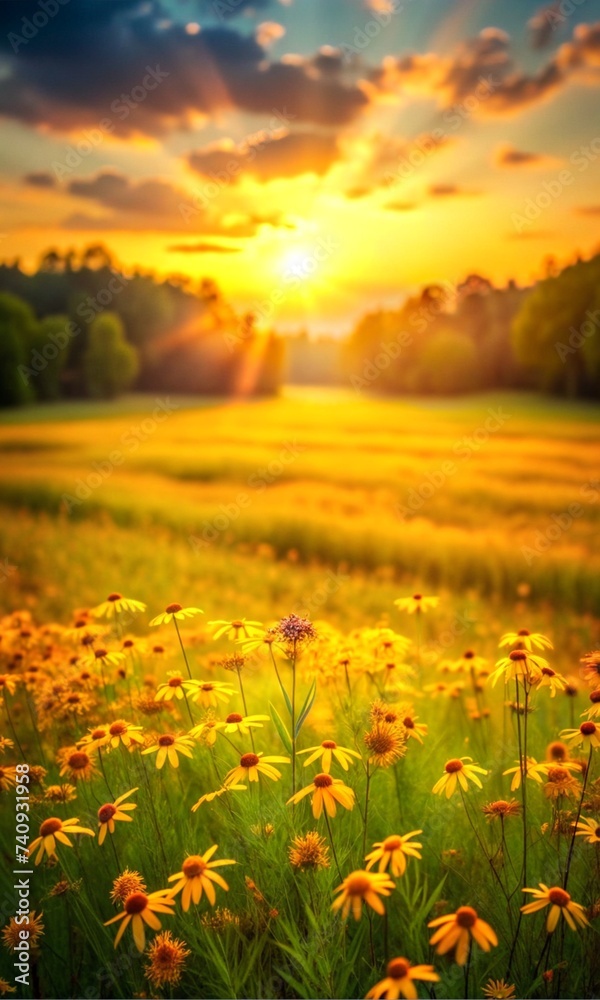 A picturesque spring meadow filled with vibrant flowers stretches under a brilliant sun. The radiant sunlight highlights the lush blooms, while trees provide a serene backdrop, creating a perfect spri A picturesque spring meadow filled with vibrant flowers stretches under a brilliant sun. The radiant sunlight highlights the lush blooms, while trees provide a serene backdrop, creating a perfect spri