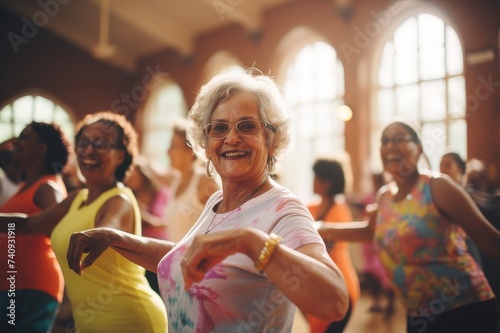 Diverse group of women of all ages dancing happily in a vibrant community center.