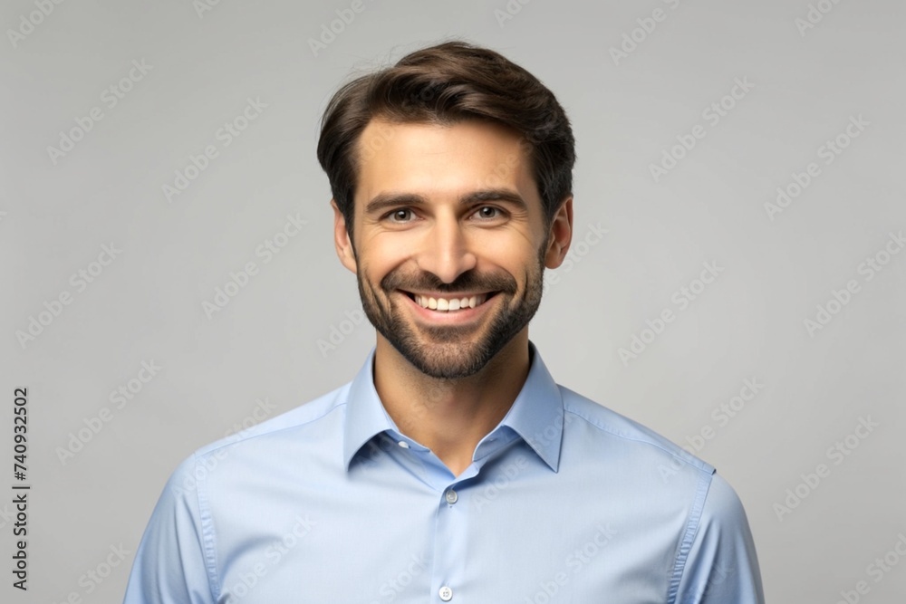 A charming young man wearing a white shirt stands against a grey background, smiling and confidently gazing at the camera. A charming young man wearing a white shirt stands against a grey background, smiling and confidently gazing at the camera.