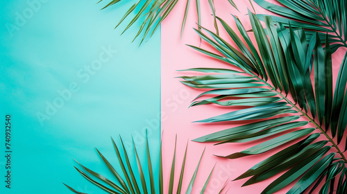 Palm Leaves on Pink and Blue Background