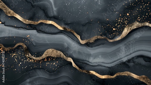 Elegant Black and Gold Marble Texture with Glittering Veins for Luxury Design Background © Psykromia