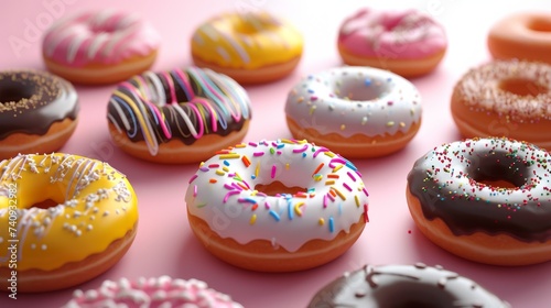 Colorful donuts on a pink background