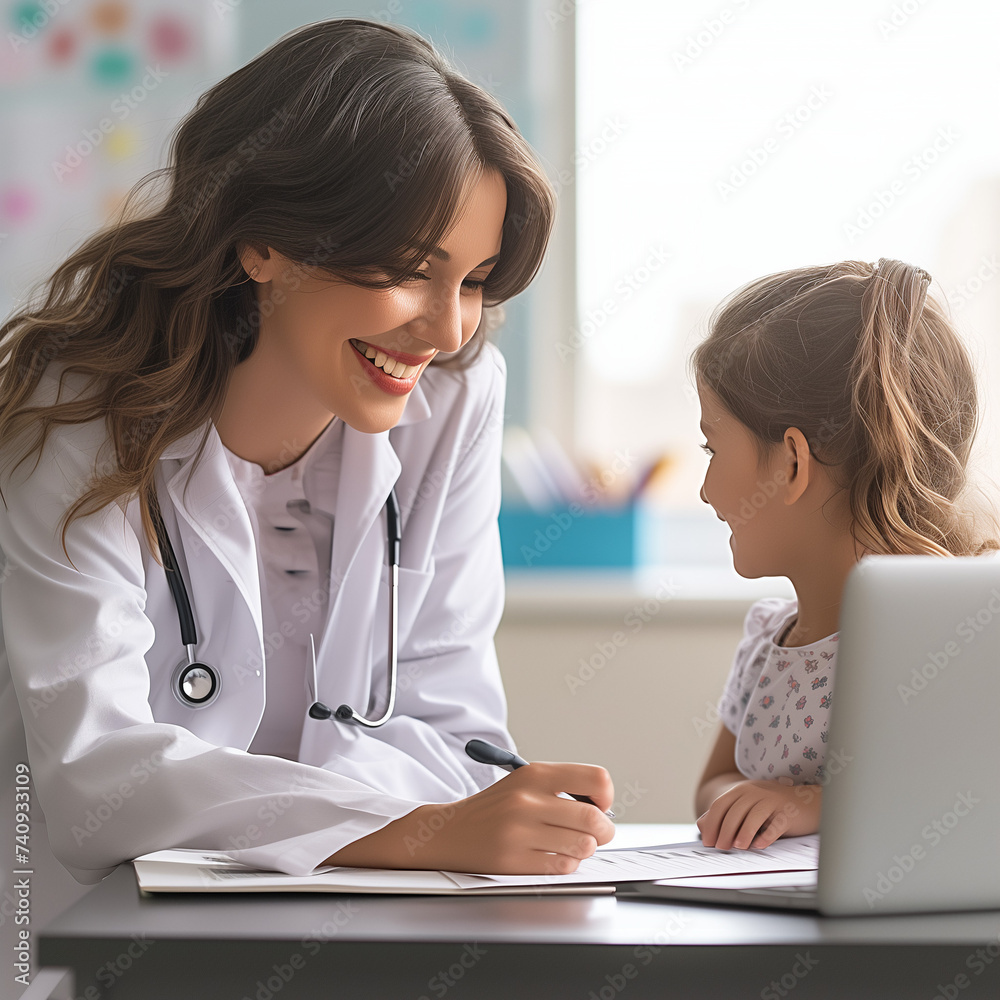 a friendly pediatrician in a medical coat sits by a desktop with a laptop and handwrites notes indoors a friendly pediatrician in a medical coat sits by a desktop with a laptop and handwrites notes indoors