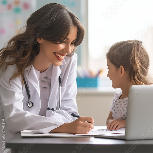 a friendly pediatrician in a medical coat sits by a desktop with a laptop and handwrites notes indoors