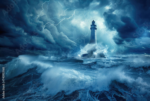 Fantasy landscape with lighthouse in the sea.