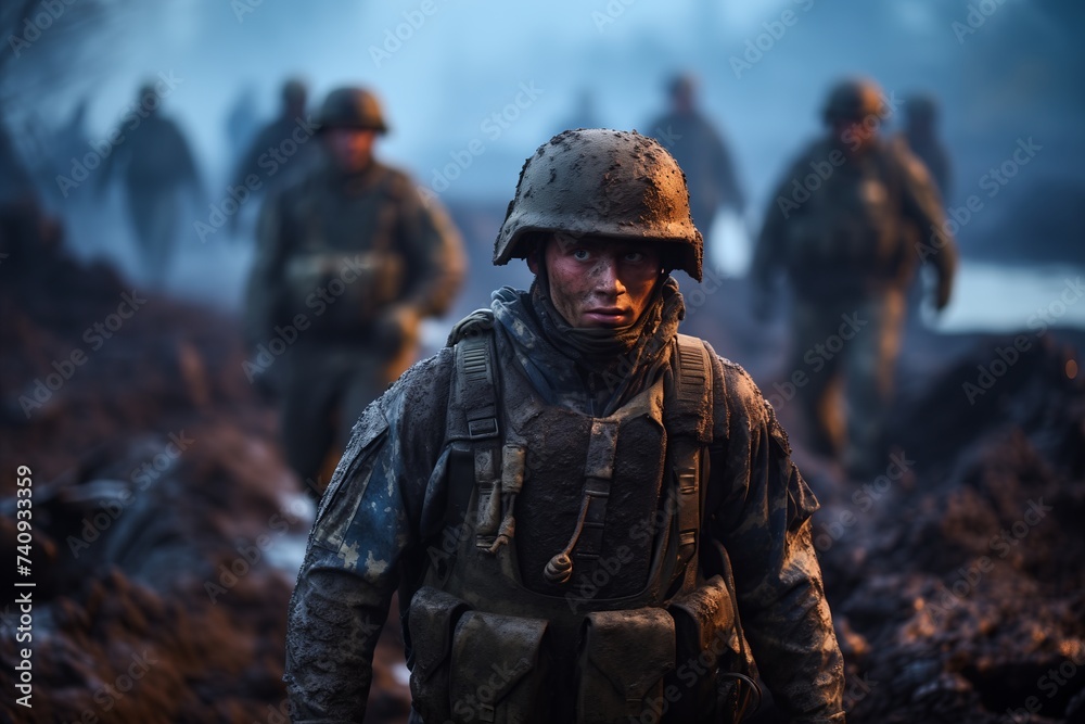 A man in a military uniform stands firm in the muddy terrain.