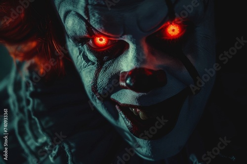 Sinister clown with glowing red eyes and a chilling smile lurking in the shadows