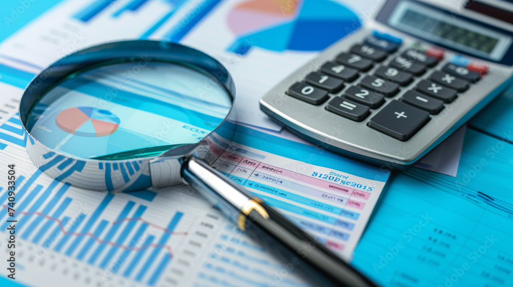 financial analysis tools including a magnifying glass focusing on a pie chart, a calculator, graphs, and printed financial statements, arranged on a blue background.
