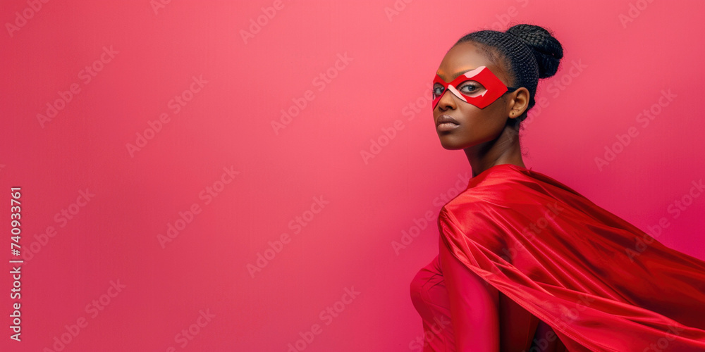 African girl wearing a mask and a fluttering cape behind her on a pink background African girl wearing a mask and a fluttering cape behind her on a pink background