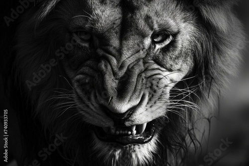 Close-up of the head of an aggressive lion ready to attack. Wild animal in monochrome style. Illustration for cover  card  postcard  interior design  banner  poster  brochure or presentation