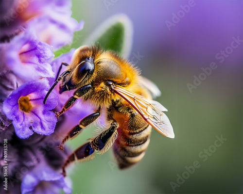 Bee on a flower, close-up, macro.