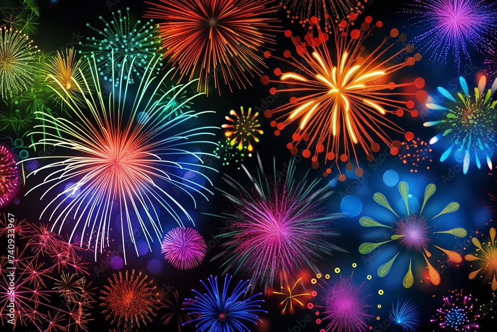 Naklejka premium Colorful fireworks on black background, in the style of multidimensional layers, vivid color schemes, transparency and opacity, pattern designs, light and color effects, holiday celebration.