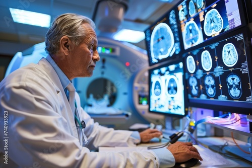 Doctor examining X-ray images on display in MRI control room while in background nurse preparing the patient for examination test.