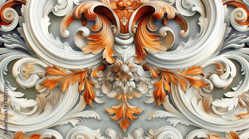 A seamless, pattern featuring elaborate scrollwork and classical motifs, in rich, historical color palettes. 8k