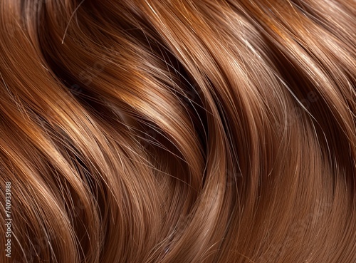 Close-up of wavy  shiny brown hair strands. Natural shine and depth of color. Hair after treatment.